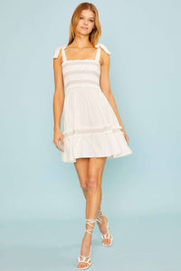 Shoulder Tie Top Smocking Shirring Mini Dress