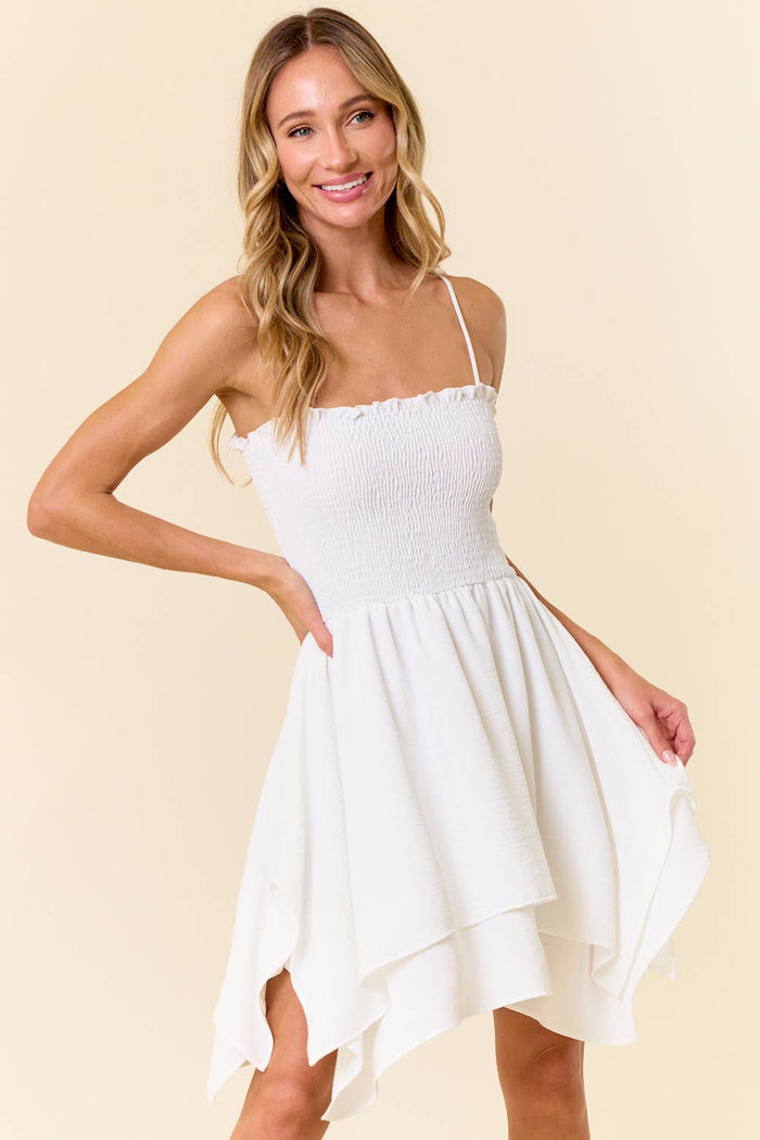 WHITE ADJUSTABLE STRAPS SOLID SMOCKED RUFFLE DRESS