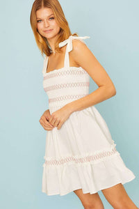 Shoulder Tie Top Smocking Shirring Mini Dress