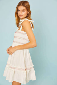 Shoulder Tie Top Smocking Shirring Mini Dress