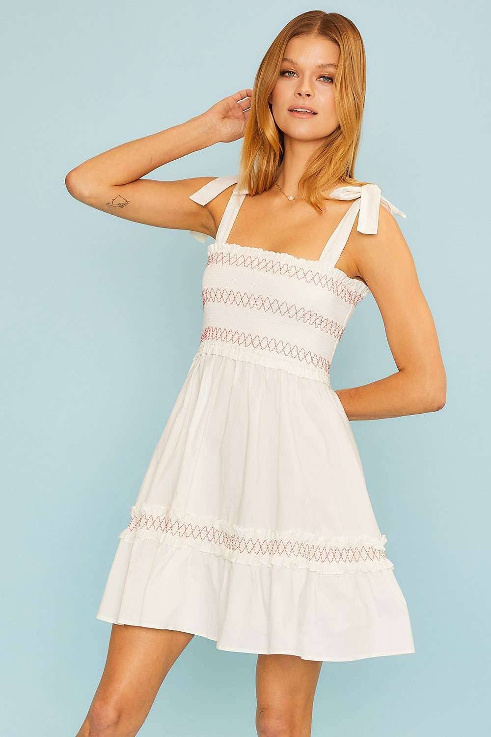 Shoulder Tie Top Smocking Shirring Mini Dress