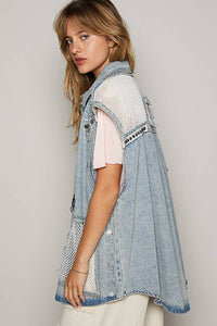 Oversize sleeveless embroidered patchwork denim vest