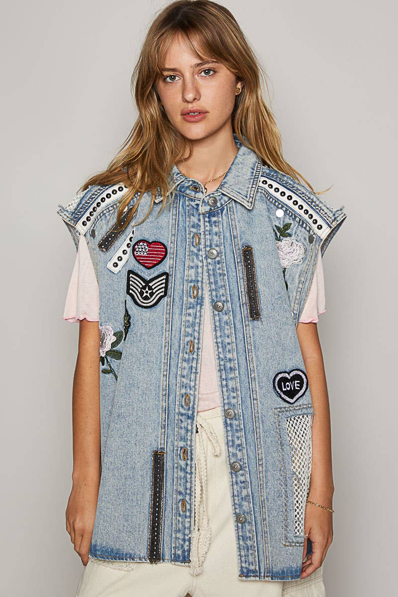 Oversize sleeveless embroidered patchwork denim vest
