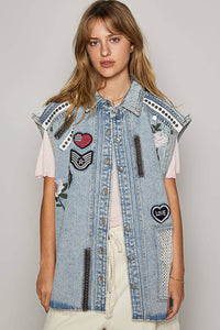 Oversize sleeveless embroidered patchwork denim vest