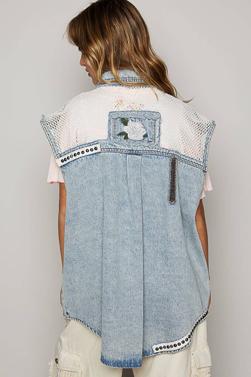 Oversize sleeveless embroidered patchwork denim vest