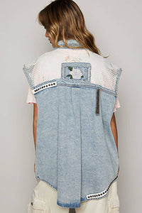 Oversize sleeveless embroidered patchwork denim vest
