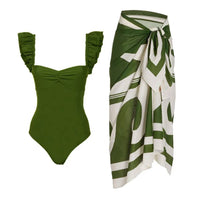 Ladies Ruffle One Piece Swimwear with Skirt Cover