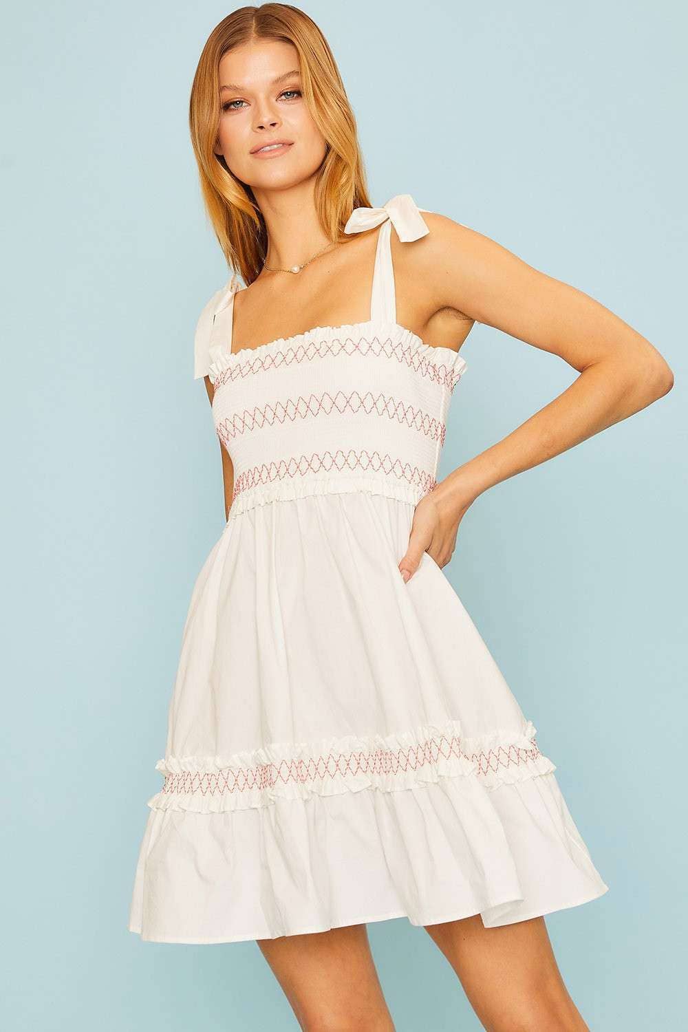 Shoulder Tie Top Smocking Shirring Mini Dress