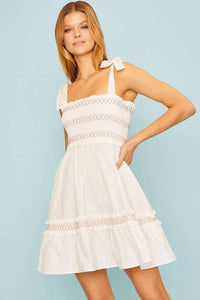Shoulder Tie Top Smocking Shirring Mini Dress