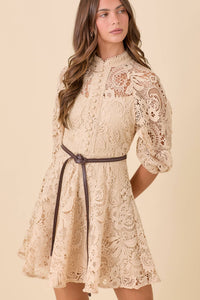 Mock Neck Collar Button Down Mini Lace Dress