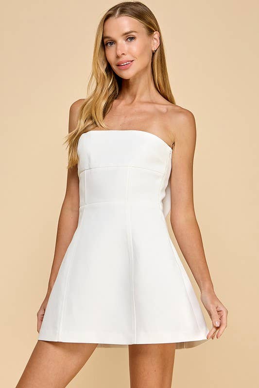 Strapless Tailored Fit and Flare Bow Detail Dress