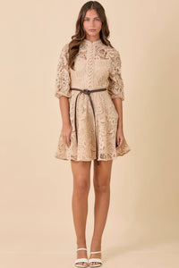 Mock Neck Collar Button Down Mini Lace Dress