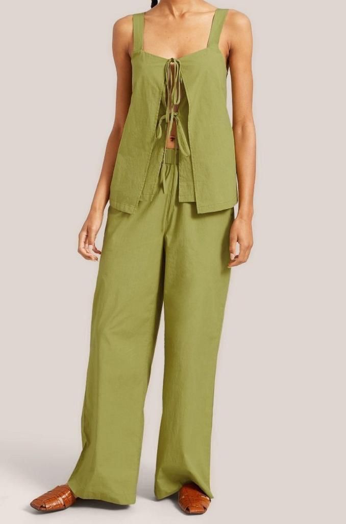Green Linen Front Ties Pants Set