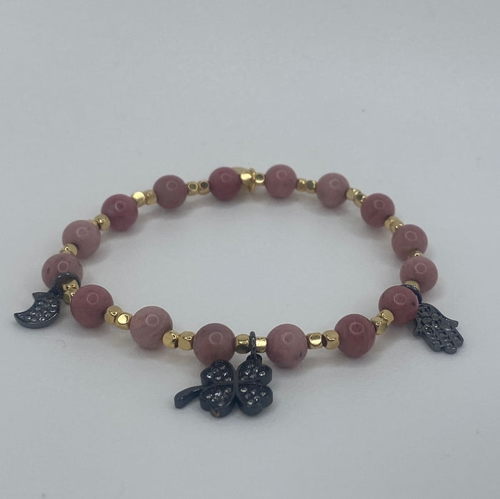 Pink & Gold Beads W/ Black Clover/Moon/Hand