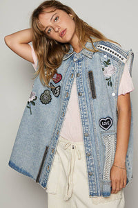 Oversize sleeveless embroidered patchwork denim vest