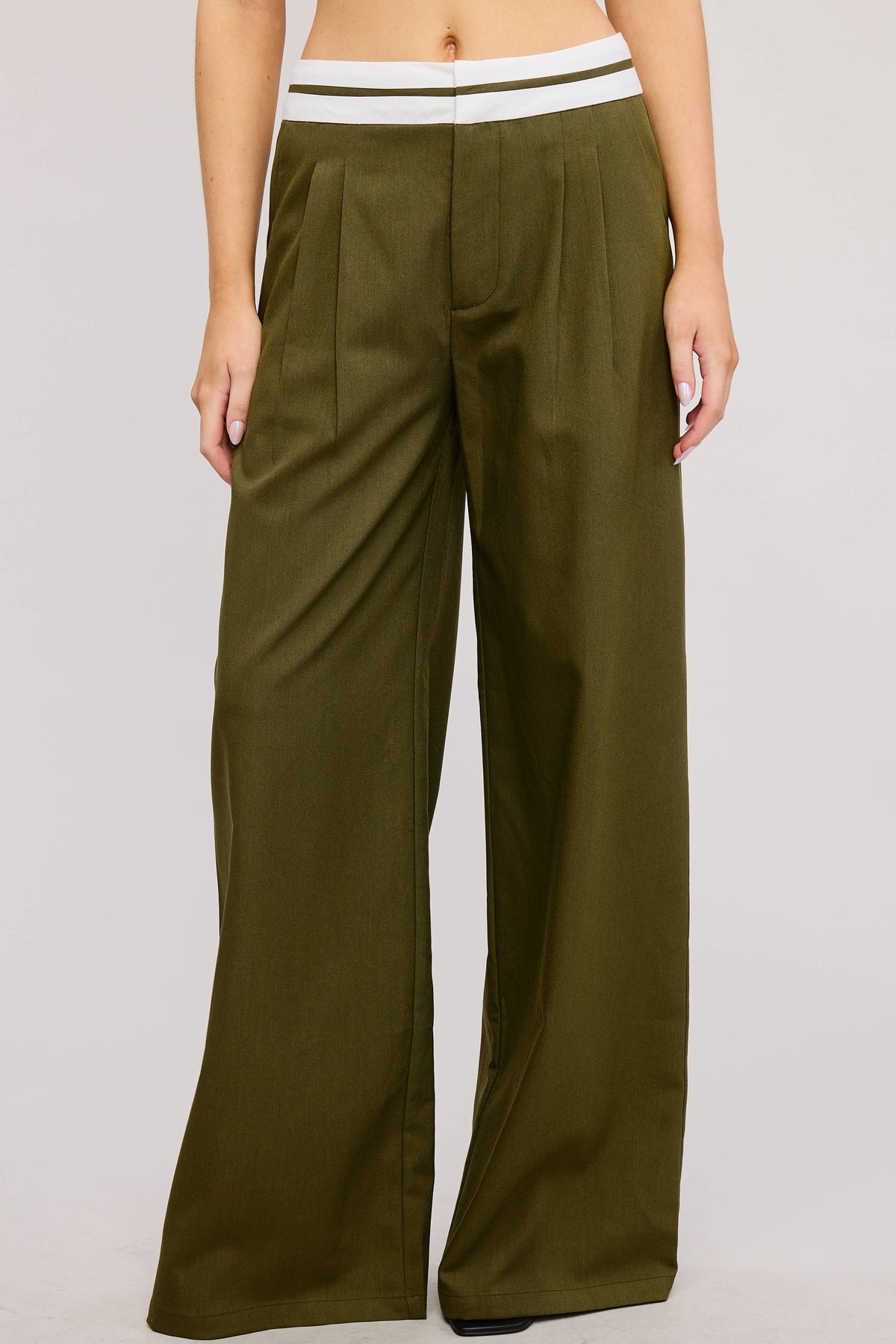Olive Contrast Waist Detail Woven Trouser Pant