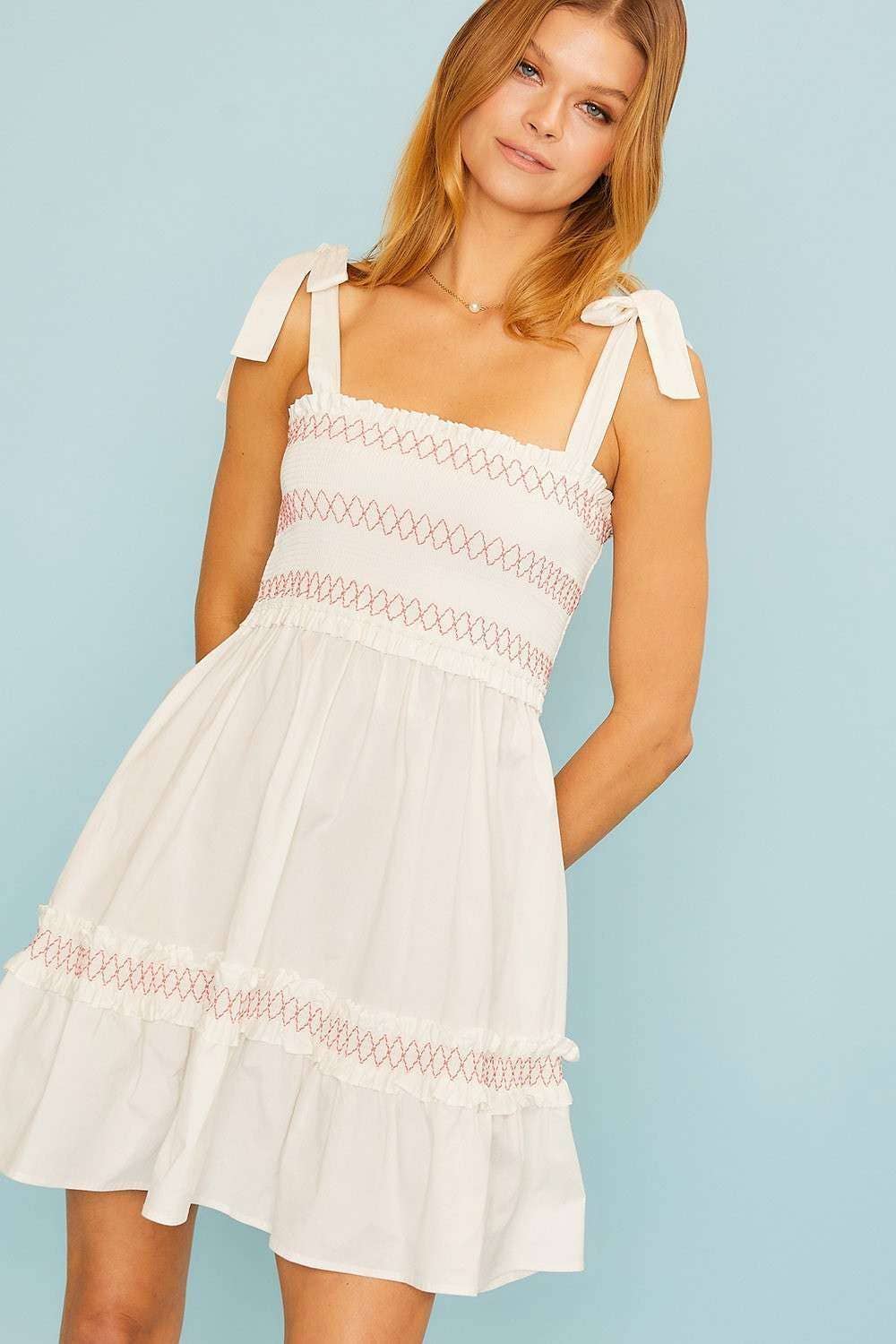Shoulder Tie Top Smocking Shirring Mini Dress