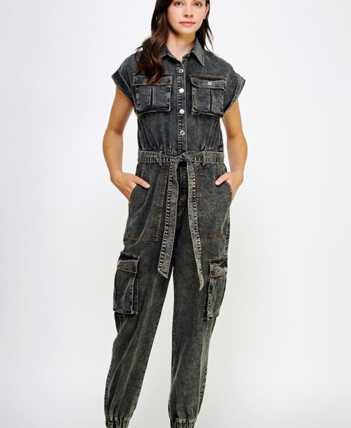 Sleeveless Black Washed Denim Jumpsuit