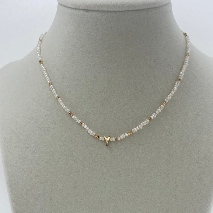 Pearl Necklace W/ Gold Letter "Y"
