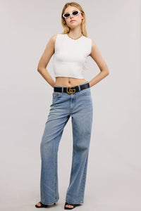 CREW NECK STRETCHY SOLID RIBBED KNIT CROPPED TANK TOP
