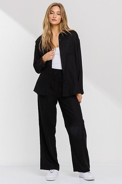Black Linen  Long Sleeve Top