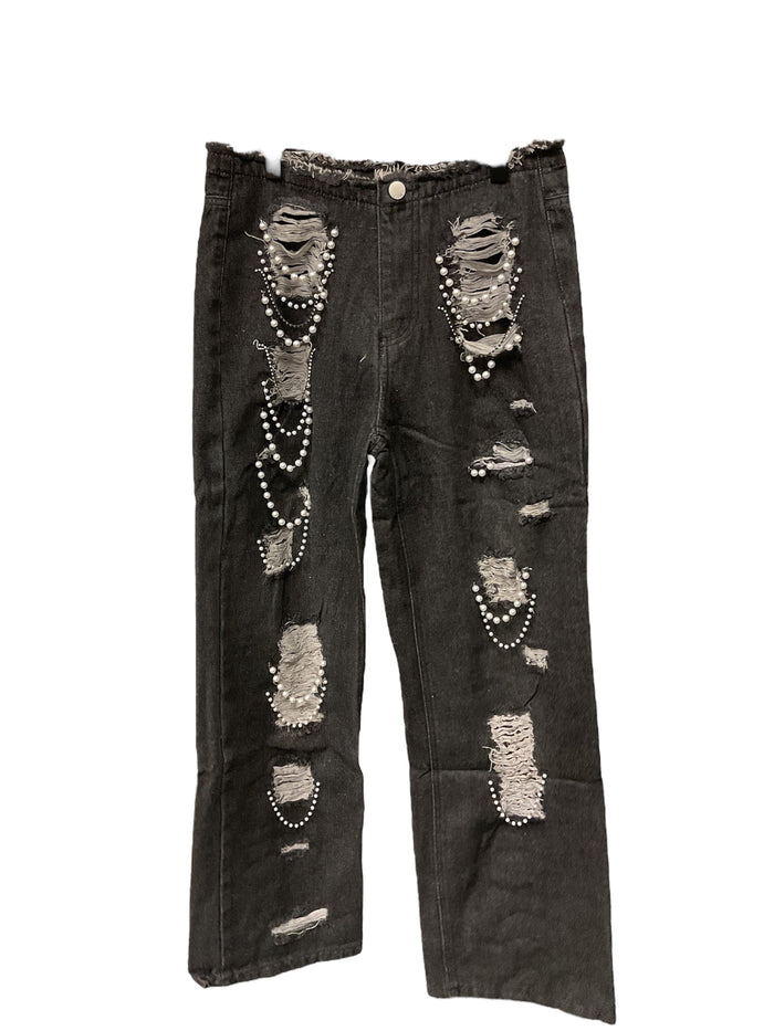 Pearl Details Ripped Jeans