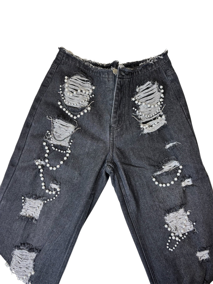 Pearl Details Ripped Jeans