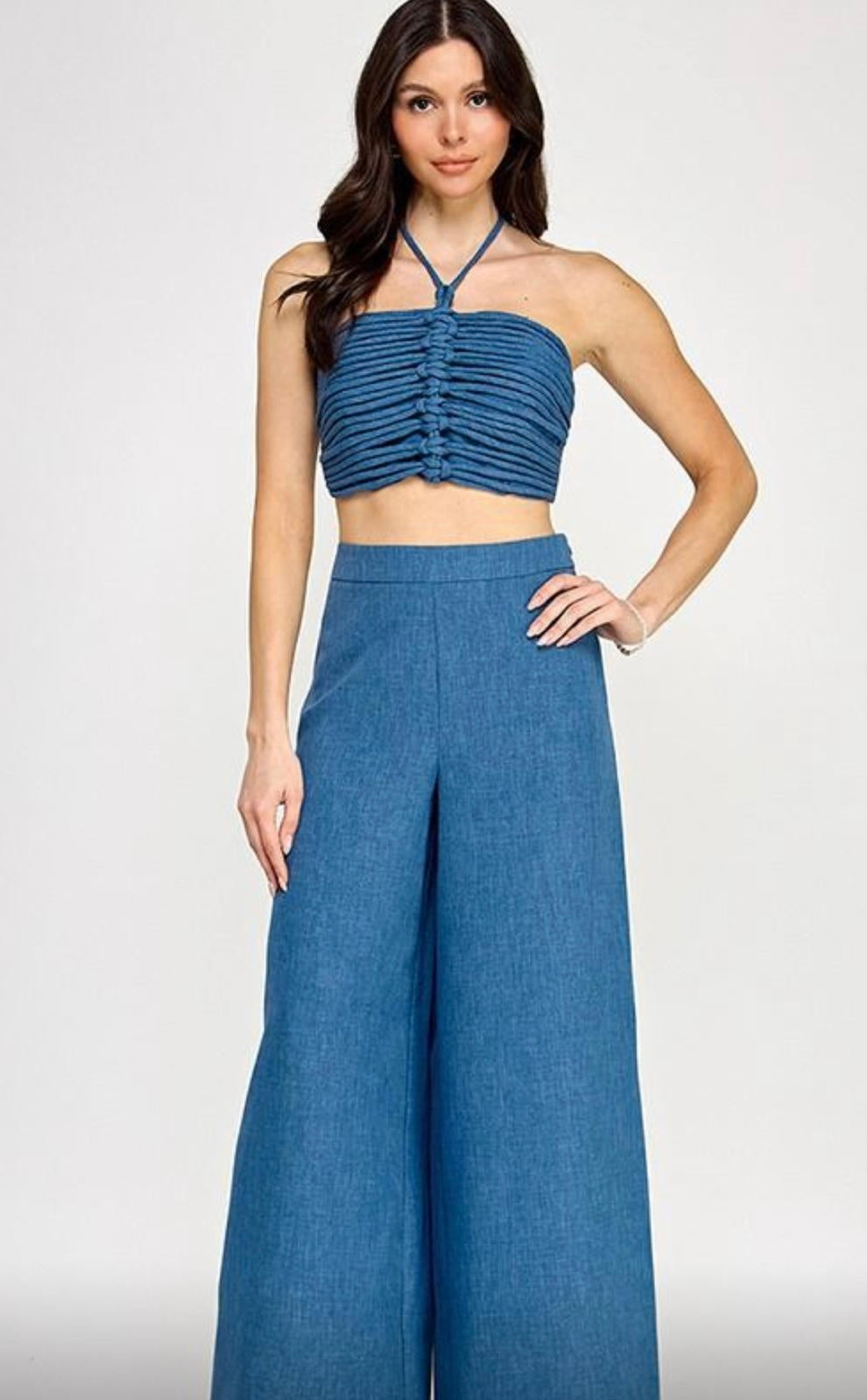 Blue  Denim Pant & Drawstring Ruched Top