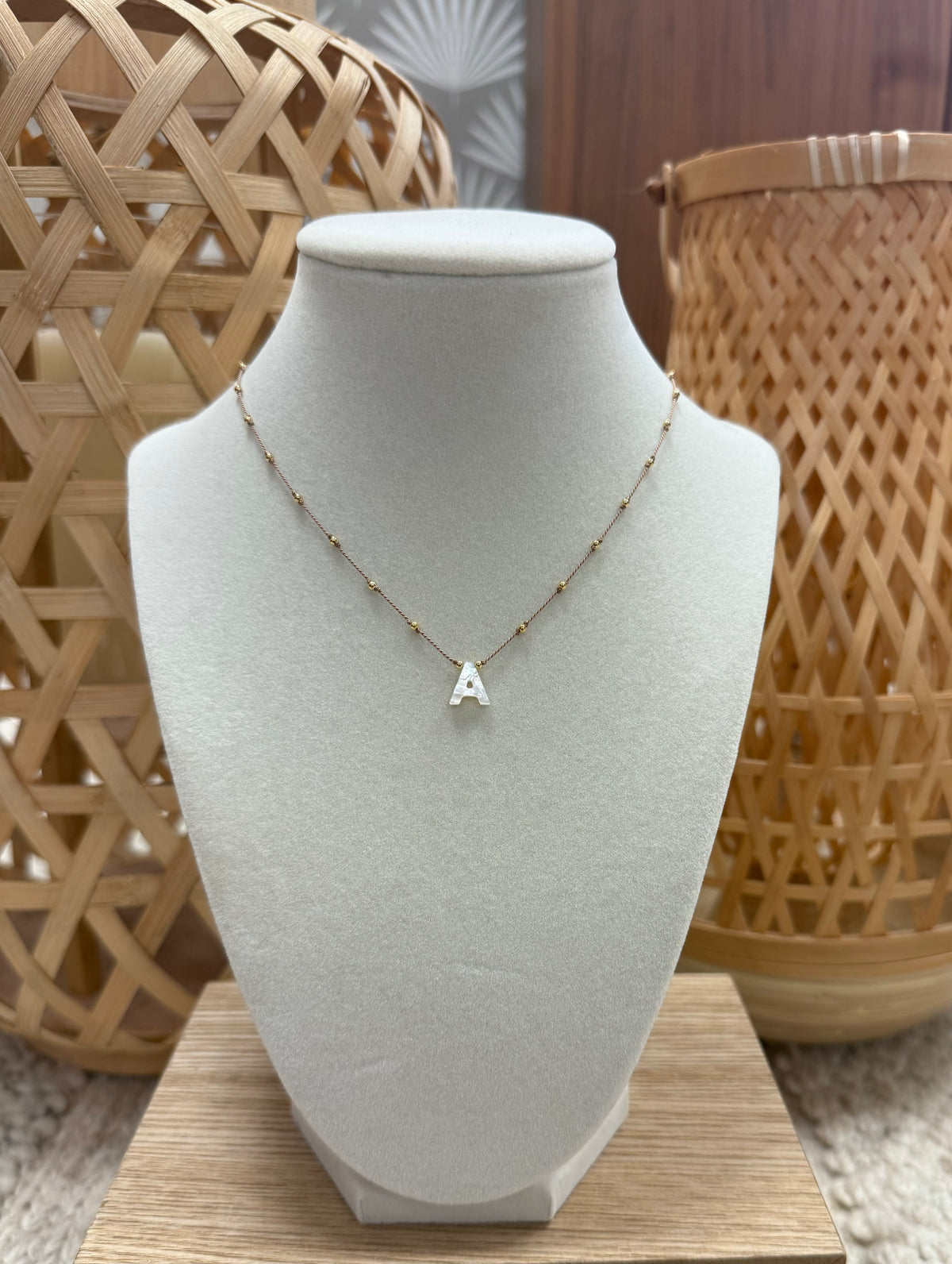 Mini Gold Beads String Necklace with Nacar Letter