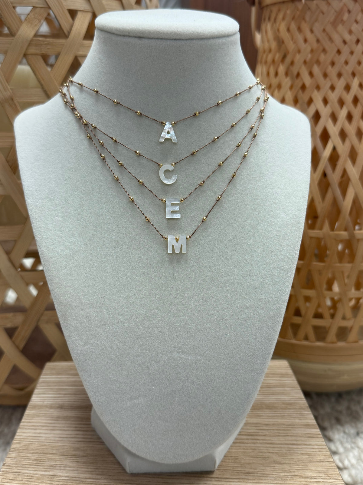 Mini Gold Beads String Necklace with Nacar Letter