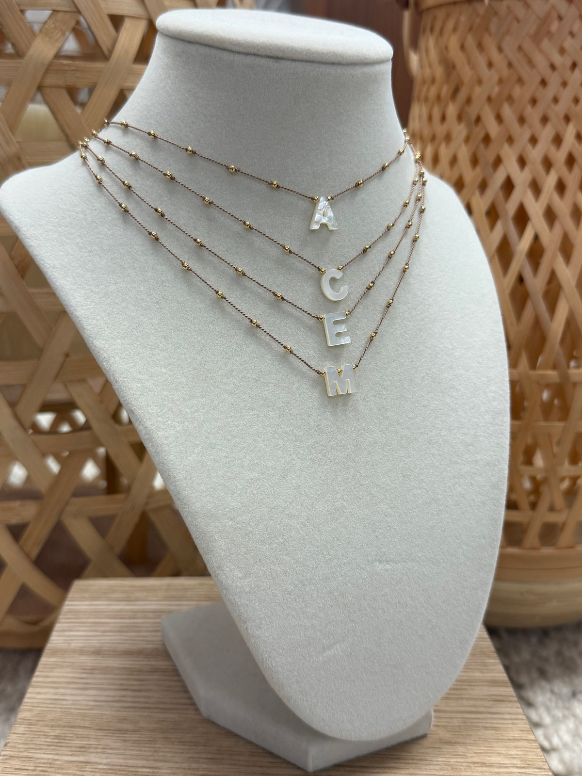 Mini Gold Beads String Necklace with Nacar Letter