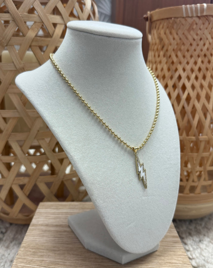 Gold Small Bead Necklace W/ White Lightning