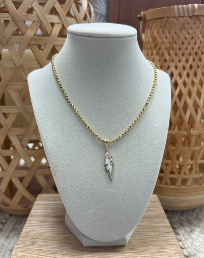 Gold Small Bead Necklace W/ White Lightning