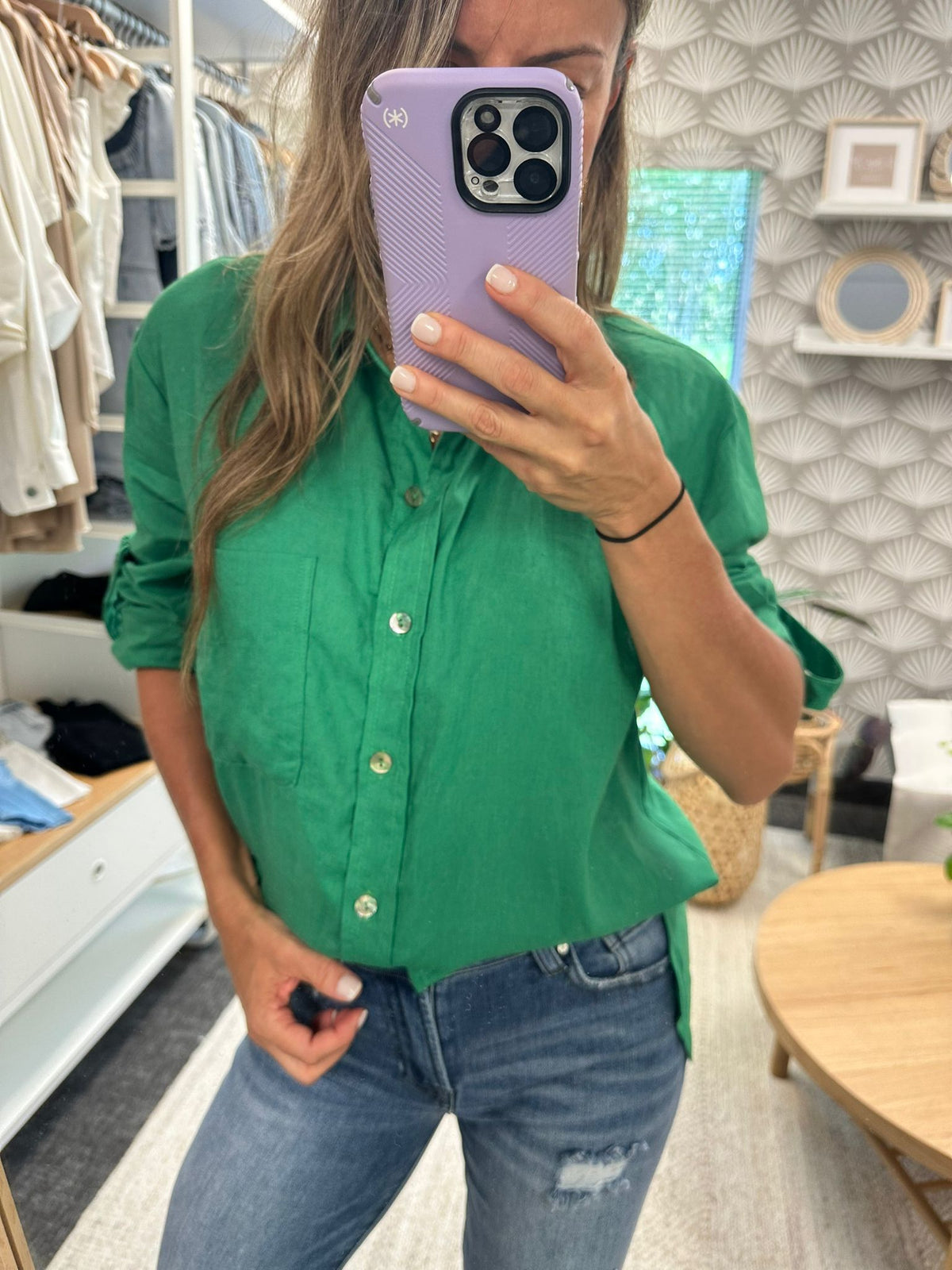 Green Linen Solid Btn Dwn Blouse