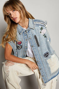 Oversize sleeveless embroidered patchwork denim vest