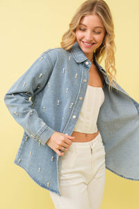 Garment Washed Denim Pearl Shirt Jacket