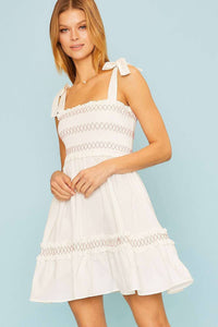 Shoulder Tie Top Smocking Shirring Mini Dress