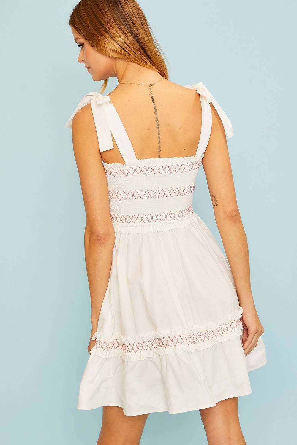 Shoulder Tie Top Smocking Shirring Mini Dress