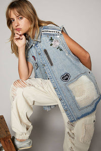 Oversize sleeveless embroidered patchwork denim vest