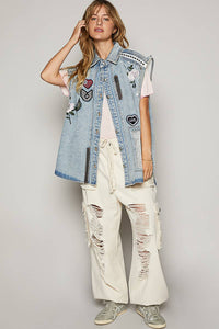 Oversize sleeveless embroidered patchwork denim vest
