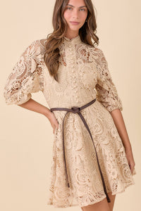 Mock Neck Collar Button Down Mini Lace Dress