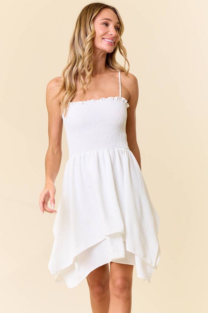 WHITE ADJUSTABLE STRAPS SOLID SMOCKED RUFFLE DRESS