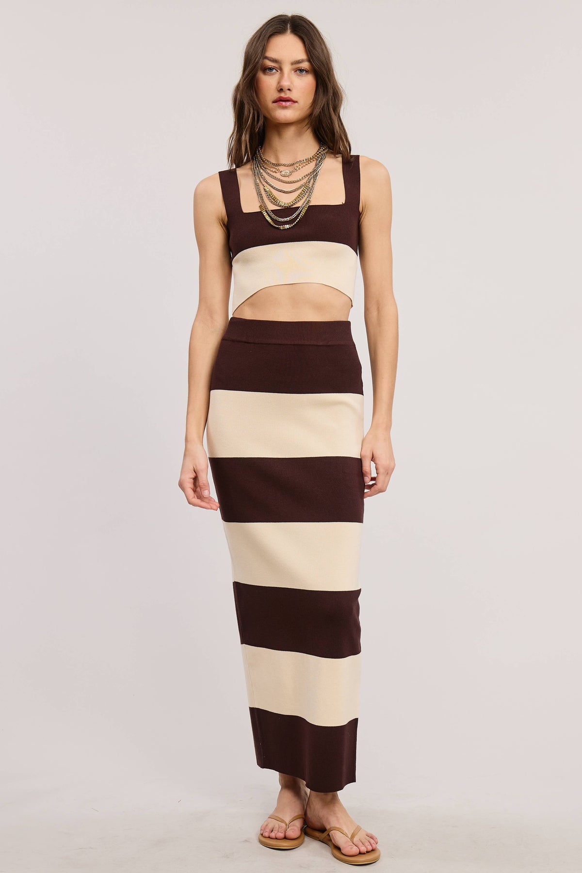 Stripe Color Block Knit Tank Top and Maxi Skirt Matching Set