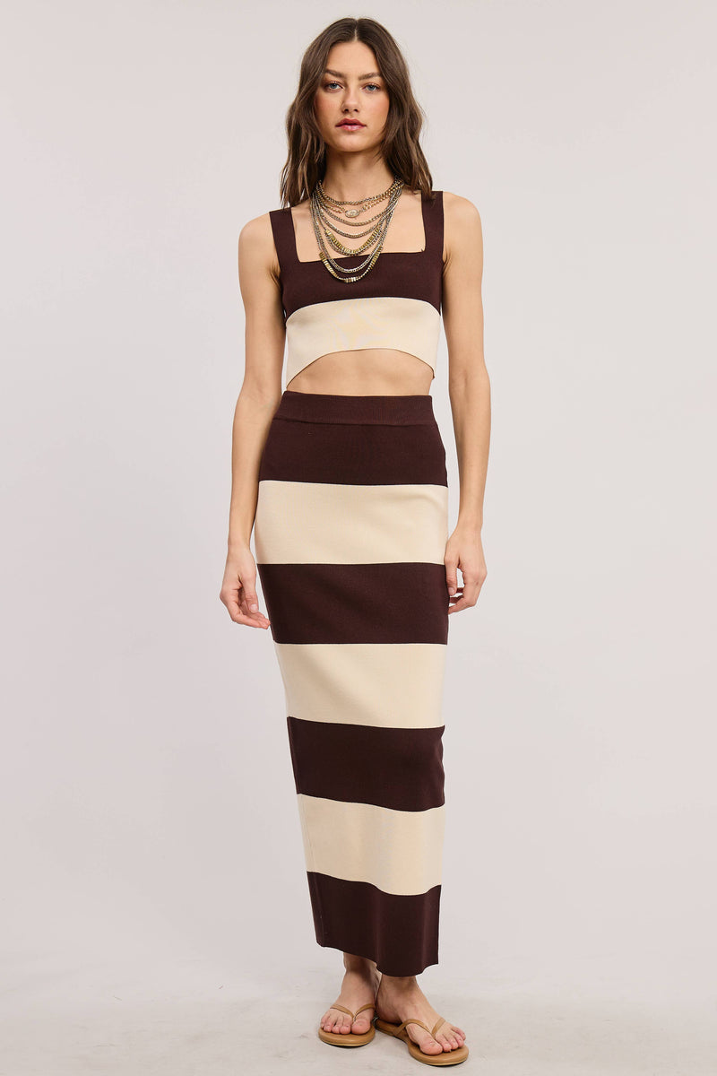Stripe Color Block Knit Tank Top and Maxi Skirt Matching Set