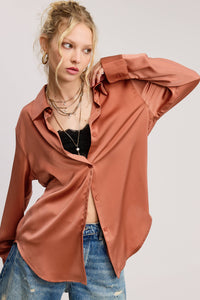 Collared Solid Satin Button-Down Long Sleeve Blouse