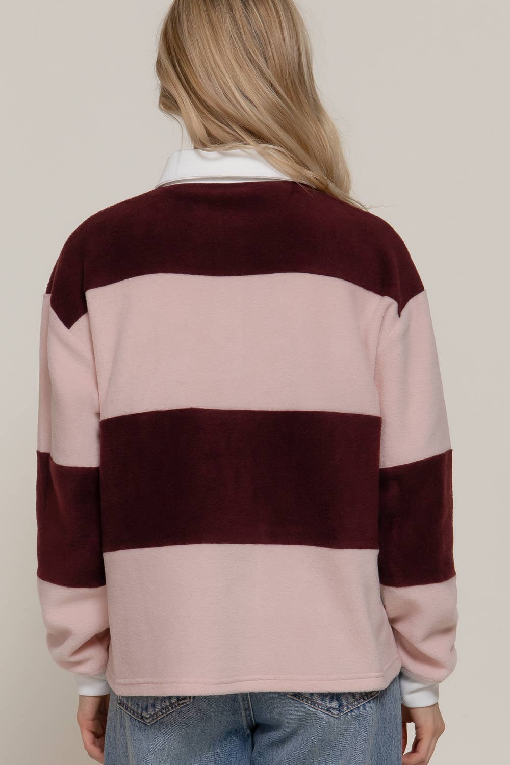 Long Sleeve Rugby Stripe Fleece Polo Top