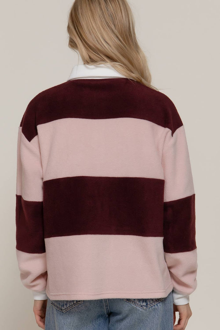 Long Sleeve Rugby Stripe Fleece Polo Top