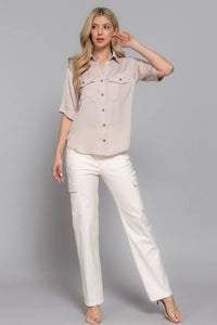 Short Sleeve Button Down Washed Dull Satin Shirt