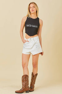 Rhinestone Denim Short White