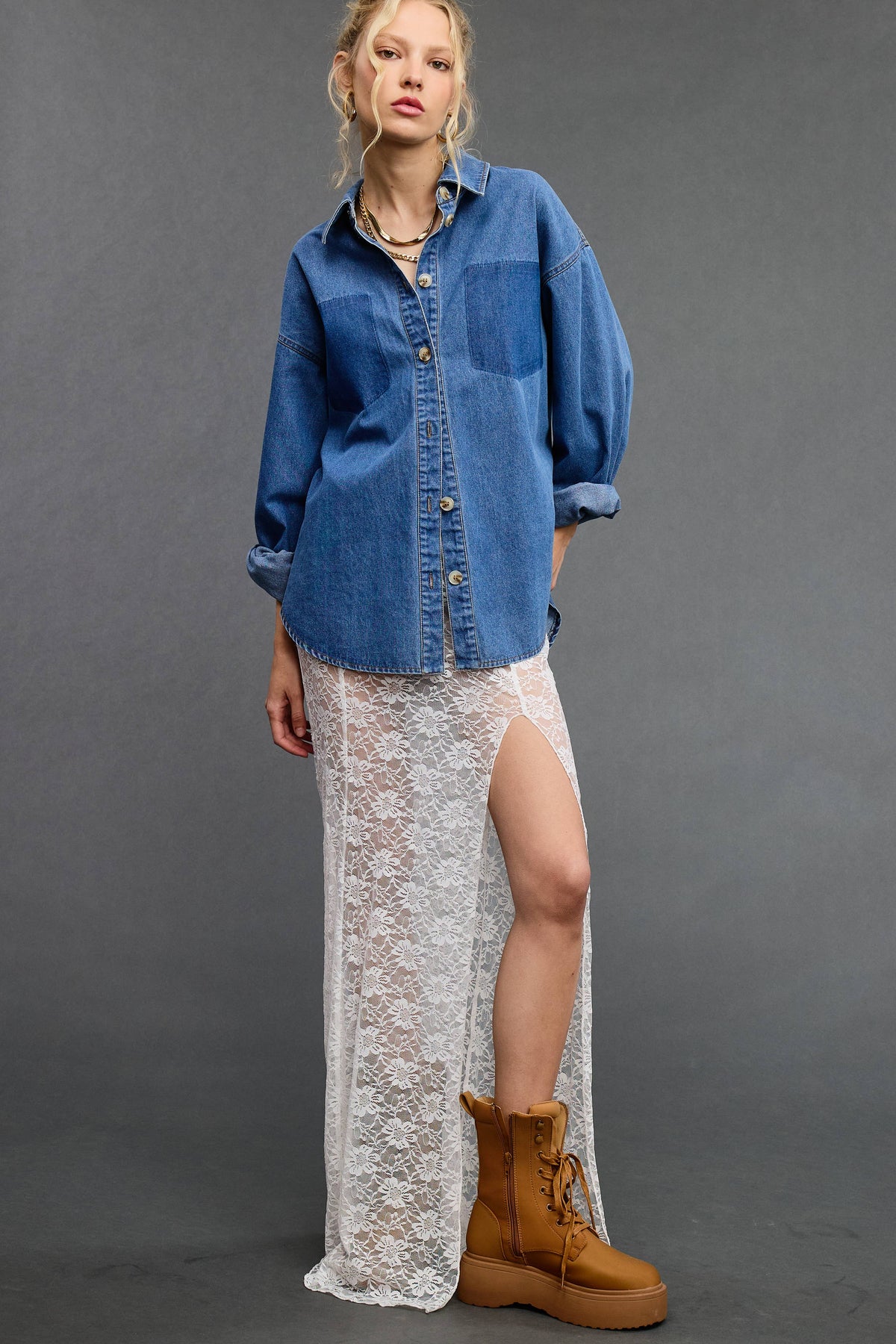 Buttoned Denim Shirt with Contrast Pocket Detail